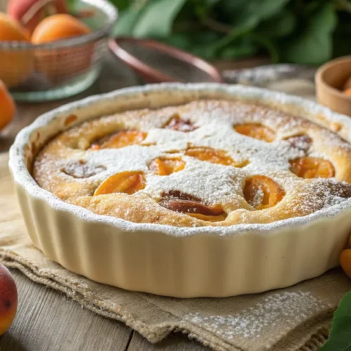 Golden baked apricot clafoutis in ceramic baking dish, fresh apricots, warm lighting, French dessert, dusted with powdered su