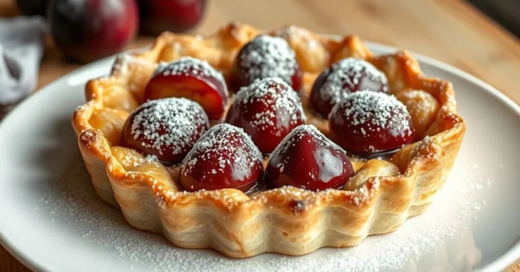 Golden baked plum tart with frozen plums, crispy pastry crust, dusted with powdered sugar on white plate, warm soft lighting