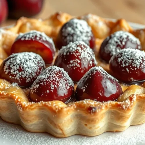 Golden baked plum tart with frozen plums, crispy pastry crust, dusted with powdered sugar on white plate, warm soft lighting