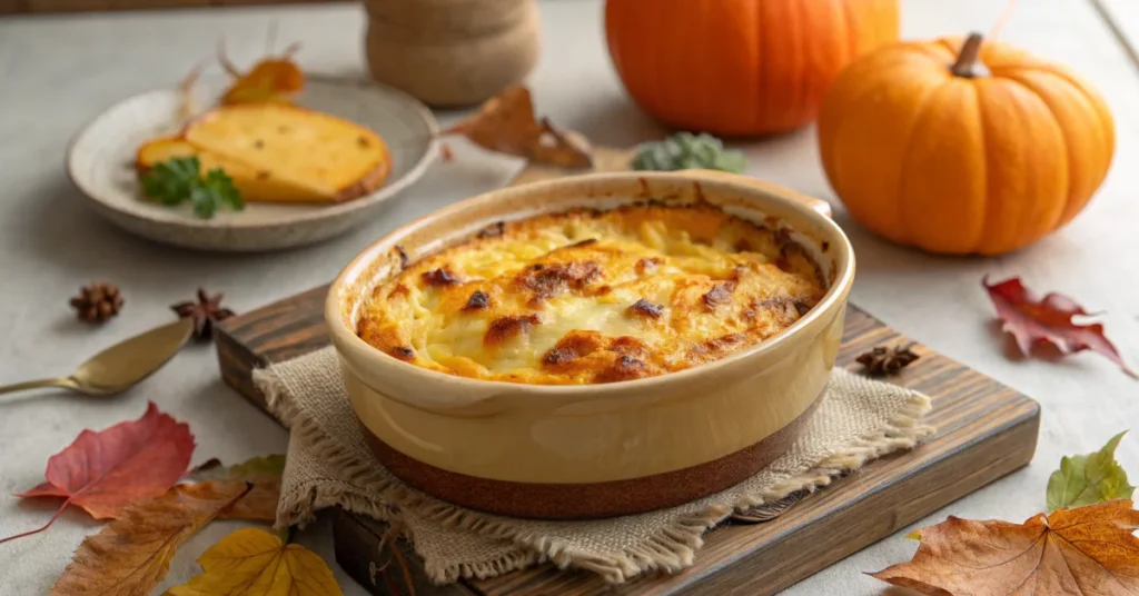 Golden baked pumpkin gratin with melted cheese crust, served in rustic ceramic dish, autumn table setting