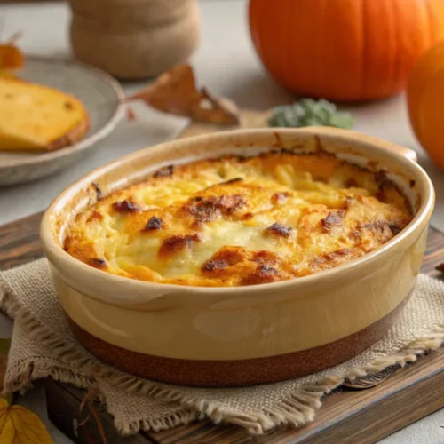 Golden baked pumpkin gratin with melted cheese crust, served in rustic ceramic dish, autumn table setting