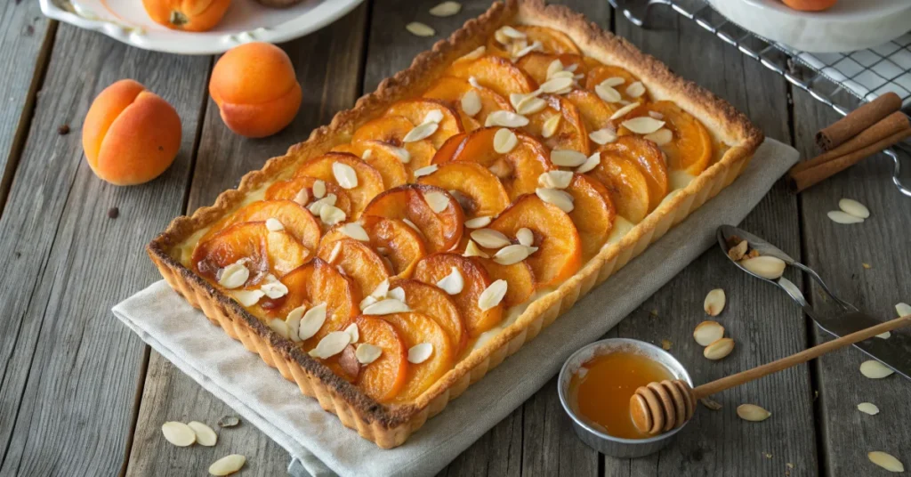 Golden-brown apricot tart with fresh apricots arranged in neat rows, toasted almond slices on top, honey drizzle, rustic wood