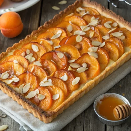 Golden-brown apricot tart with fresh apricots arranged in neat rows, toasted almond slices on top, honey drizzle, rustic wood