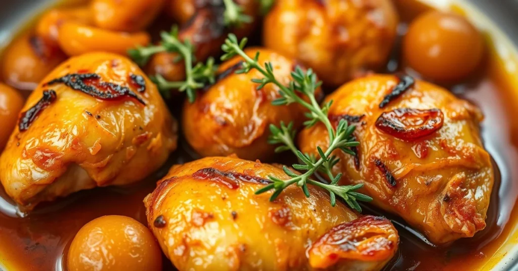 Golden-brown roasted chicken pieces with dried apricots in rich sauce, fresh thyme garnish, warm lighting, professional food