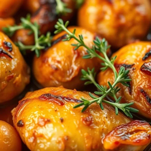 Golden-brown roasted chicken pieces with dried apricots in rich sauce, fresh thyme garnish, warm lighting, professional food