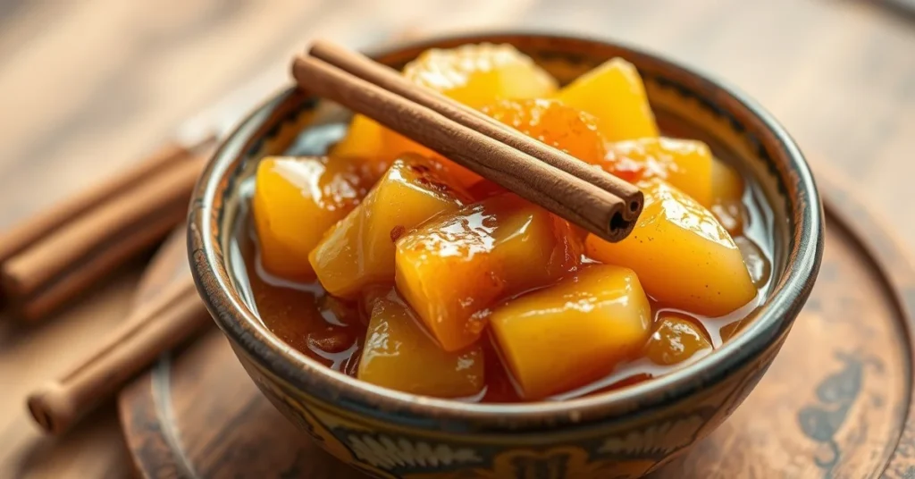 Golden caramelized homemade apple compote in rustic ceramic bowl, garnished with cinnamon stick, soft natural lighting, food