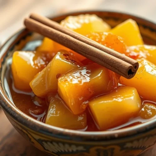 Golden caramelized homemade apple compote in rustic ceramic bowl, garnished with cinnamon stick, soft natural lighting, food