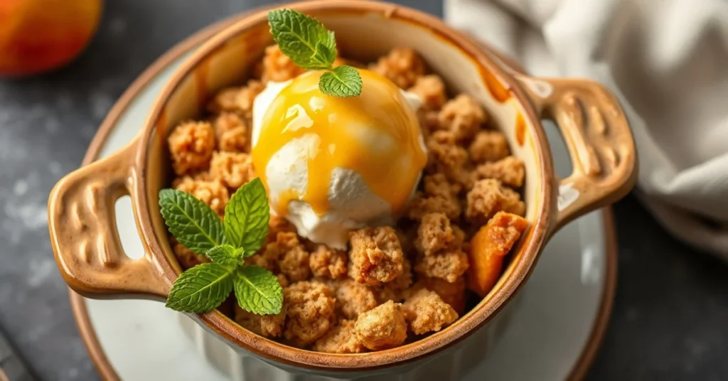 Golden crispy apple apricot crumble in ceramic dish, warm vanilla ice cream on top, fresh mint garnish, professional food pho