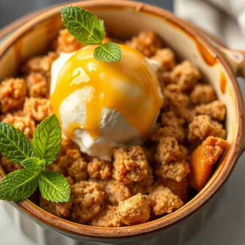 Golden crispy apple apricot crumble in ceramic dish, warm vanilla ice cream on top, fresh mint garnish, professional food pho