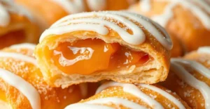 Golden crispy Oranais pastry with apricot jam filling, glossy white icing, close-up food photography, traditional Algerian pa