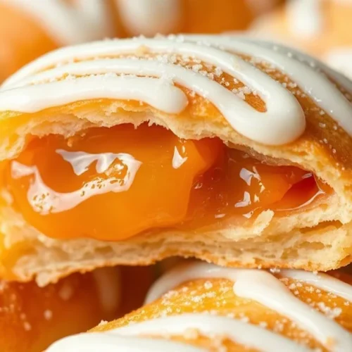 Golden crispy Oranais pastry with apricot jam filling, glossy white icing, close-up food photography, traditional Algerian pa