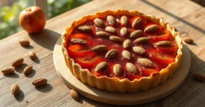 Golden homemade plum and honey tart with whole roasted almonds on rustic wooden table, natural afternoon sunlight, appetizing