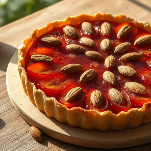 Golden homemade plum and honey tart with whole roasted almonds on rustic wooden table, natural afternoon sunlight, appetizing