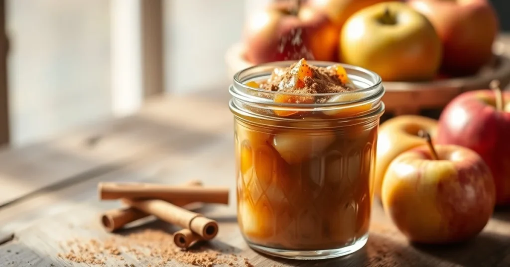 Homemade apple cinnamon compote in a glass jar, steaming warm, sprinkled with cinnamon powder, fresh apples in background, ru