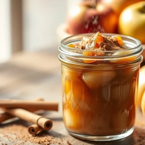 Homemade apple cinnamon compote in a glass jar, steaming warm, sprinkled with cinnamon powder, fresh apples in background, ru