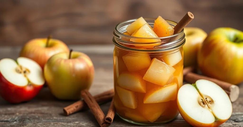 Homemade apple compote in glass jar, fresh apples, cinnamon sticks, natural lighting, rustic wooden background, healthy food