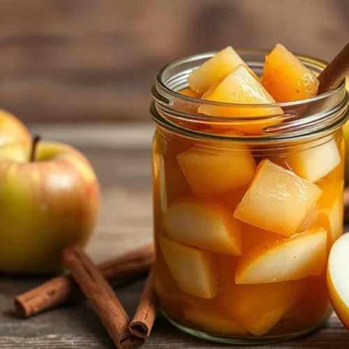 Homemade apple compote in glass jar, fresh apples, cinnamon sticks, natural lighting, rustic wooden background, healthy food