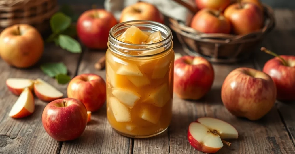 Homemade apple compote in glass jar, rustic wooden table, fresh apples scattered around, natural daylight, creamy beige textu