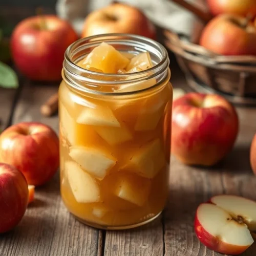 Homemade apple compote in glass jar, rustic wooden table, fresh apples scattered around, natural daylight, creamy beige textu