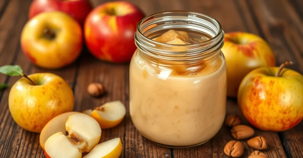Homemade apple compote in glass jar, smooth creamy texture, fresh apples scattered nearby, warm natural lighting, rustic wood