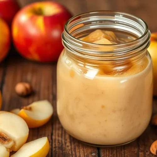 Homemade apple compote in glass jar, smooth creamy texture, fresh apples scattered nearby, warm natural lighting, rustic wood