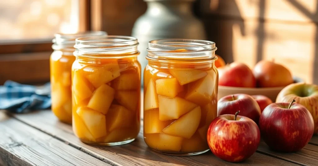 Homemade apple compote in glass jars, rustic wooden table setting, fresh apples nearby, warm autumn sunlight, professional fo