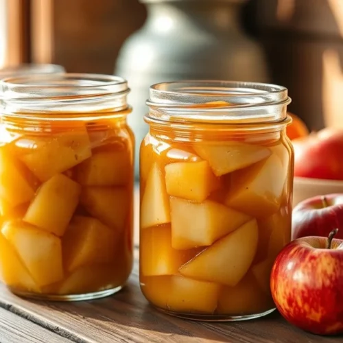 Homemade apple compote in glass jars, rustic wooden table setting, fresh apples nearby, warm autumn sunlight, professional fo