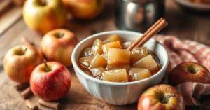 Homemade apple compote in white bowl, fresh apples scattered around, cinnamon stick garnish, warm golden light, rustic kitche
