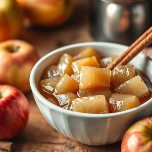 Homemade apple compote in white bowl, fresh apples scattered around, cinnamon stick garnish, warm golden light, rustic kitche