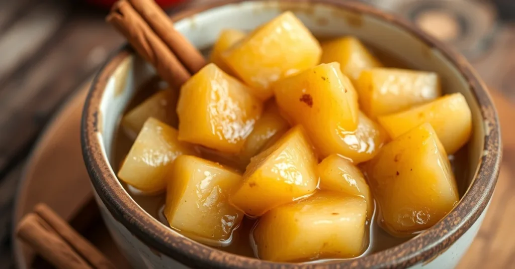 Homemade apple compote with chunks in a rustic bowl, golden-brown texture with visible apple pieces, garnished with cinnamon