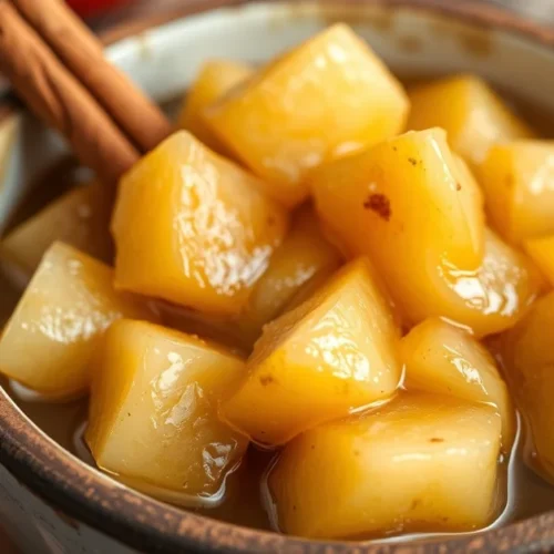 Homemade apple compote with chunks in a rustic bowl, golden-brown texture with visible apple pieces, garnished with cinnamon