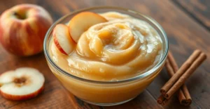 Homemade applesauce in a glass bowl, creamy smooth texture, golden-brown color, fresh apple slices and cinnamon stick garnish