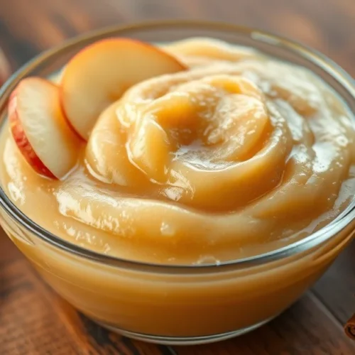 Homemade applesauce in a glass bowl, creamy smooth texture, golden-brown color, fresh apple slices and cinnamon stick garnish