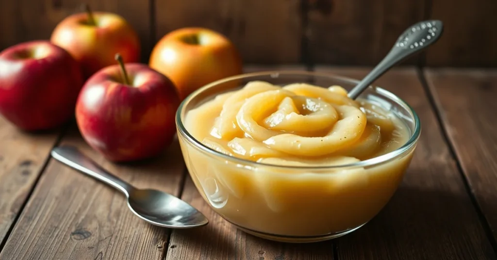 Homemade applesauce in a glass bowl, rustic wooden table, spoon, fresh red apples beside, warm soft lighting, traditional Fre