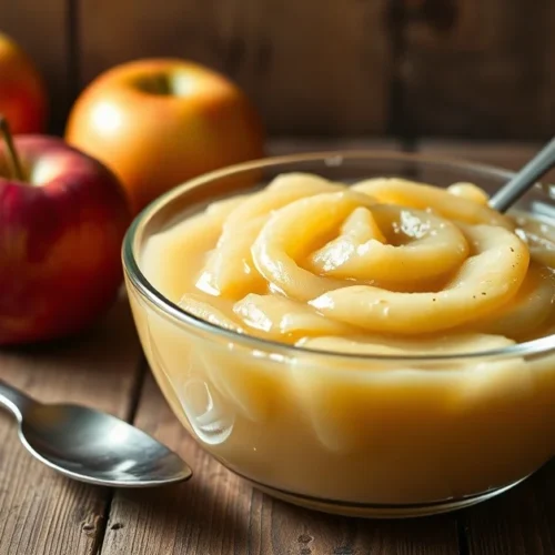Homemade applesauce in a glass bowl, rustic wooden table, spoon, fresh red apples beside, warm soft lighting, traditional Fre