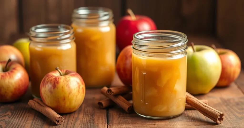 Homemade applesauce in glass jars with fresh apples and cinnamon sticks on wooden table, warm lighting