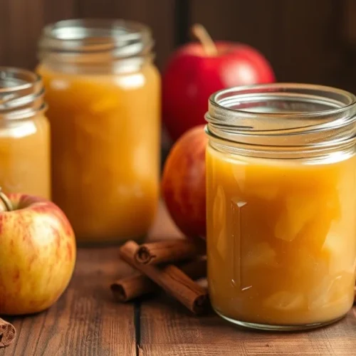 Homemade applesauce in glass jars with fresh apples and cinnamon sticks on wooden table, warm lighting