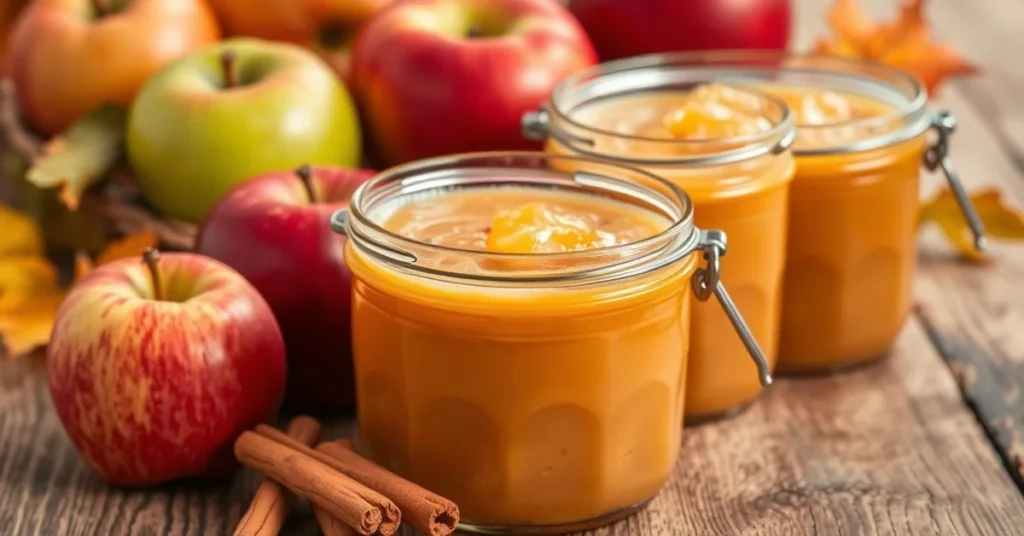 Homemade applesauce in glass jars with fresh red and green apples beside, cinnamon stick garnish, warm autumn colors, profess