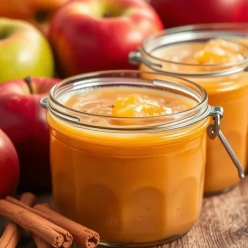Homemade applesauce in glass jars with fresh red and green apples beside, cinnamon stick garnish, warm autumn colors, profess