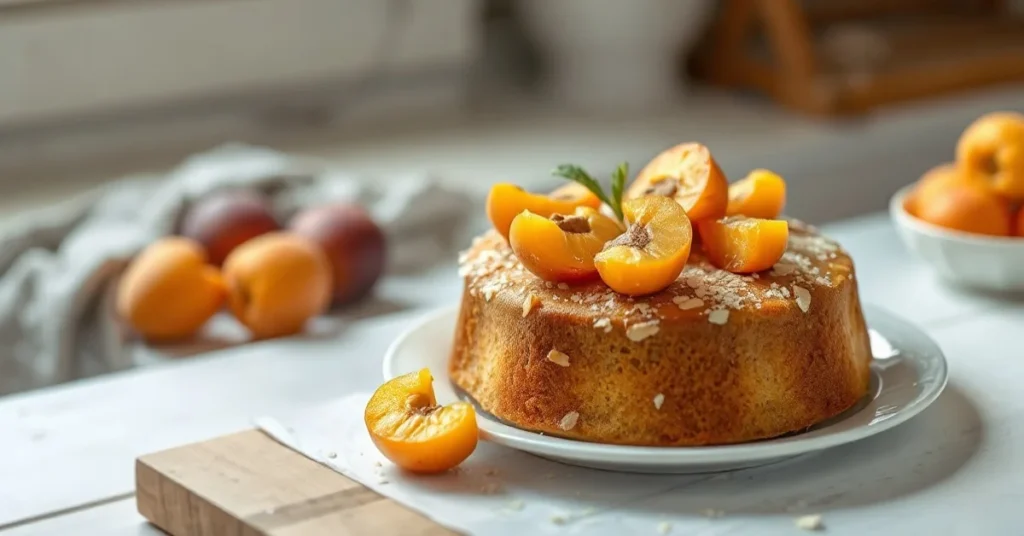 Homemade apricot almond cake on white plate, fresh apricots on top, soft natural lighting, rustic kitchen background, beautif