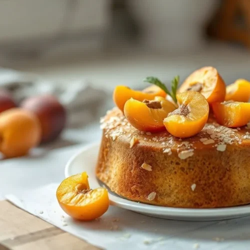 Homemade apricot almond cake on white plate, fresh apricots on top, soft natural lighting, rustic kitchen background, beautif