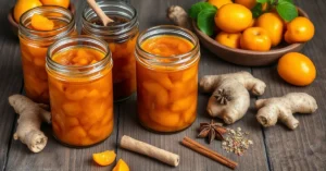 Homemade apricot chutney in glass jars with fresh apricots, ginger, and spices arranged on rustic wooden surface. Golden ambe