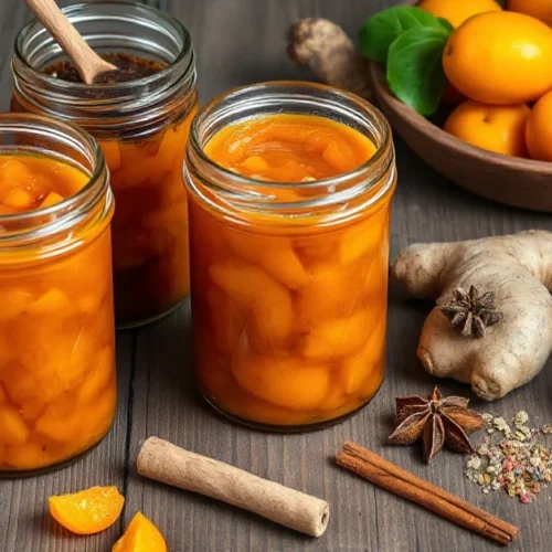 Homemade apricot chutney in glass jars with fresh apricots, ginger, and spices arranged on rustic wooden surface. Golden ambe