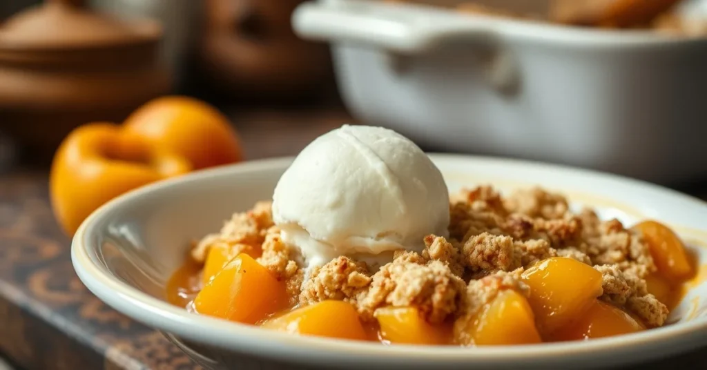 Homemade apricot crumble fresh from oven, golden crispy topping, warm juice bubbling at edges, served with vanilla ice cream