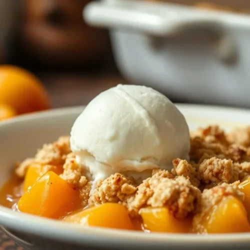 Homemade apricot crumble fresh from oven, golden crispy topping, warm juice bubbling at edges, served with vanilla ice cream