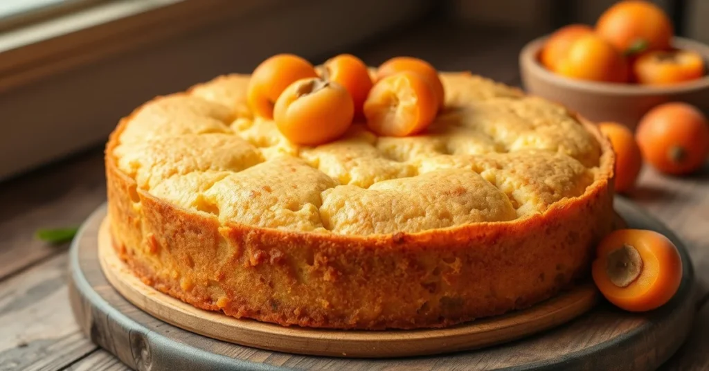 Homemade apricot yogurt cake, golden brown, fresh apricots on top, rustic wooden table, soft natural daylight, delicious dess