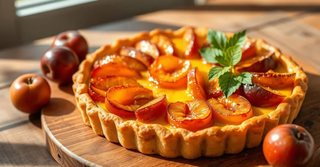 Homemade French yellow plum tart with golden pastry crust, fresh caramelized plums, creamy custard filling, elegant presentat