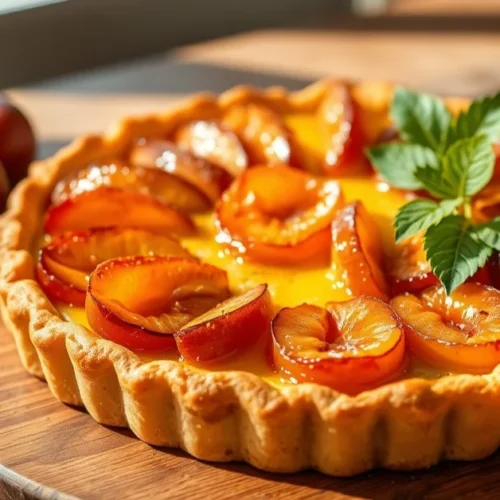 Homemade French yellow plum tart with golden pastry crust, fresh caramelized plums, creamy custard filling, elegant presentat