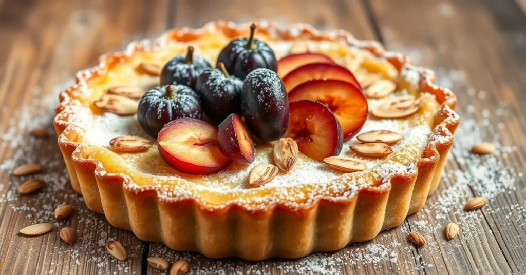 Homemade plum and almond tart with golden crispy pastry, roasted almond slivers, fresh purple plums arranged beautifully, dus