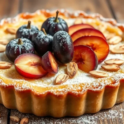 Homemade plum and almond tart with golden crispy pastry, roasted almond slivers, fresh purple plums arranged beautifully, dus